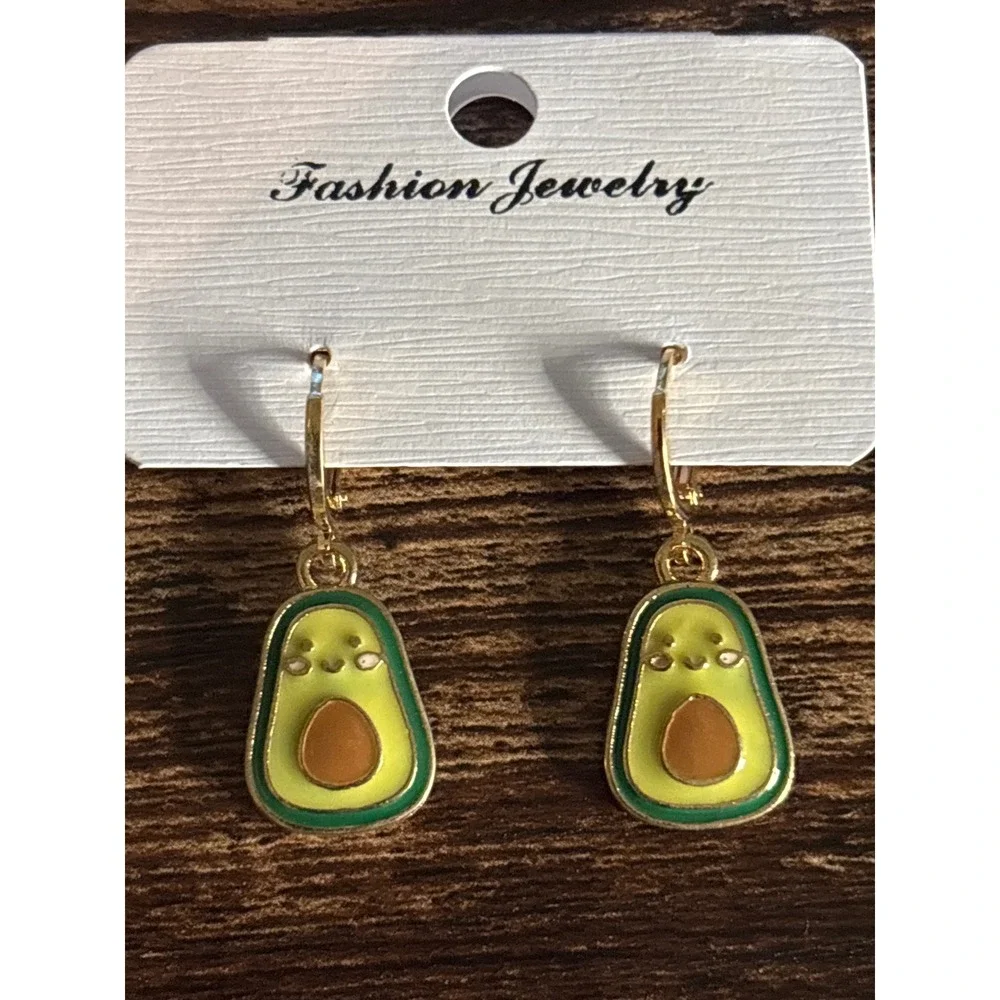 Kawaii Avocado Enamel Dangle Earrings Gold Tone Fruit Foodie Lever Back Hoops